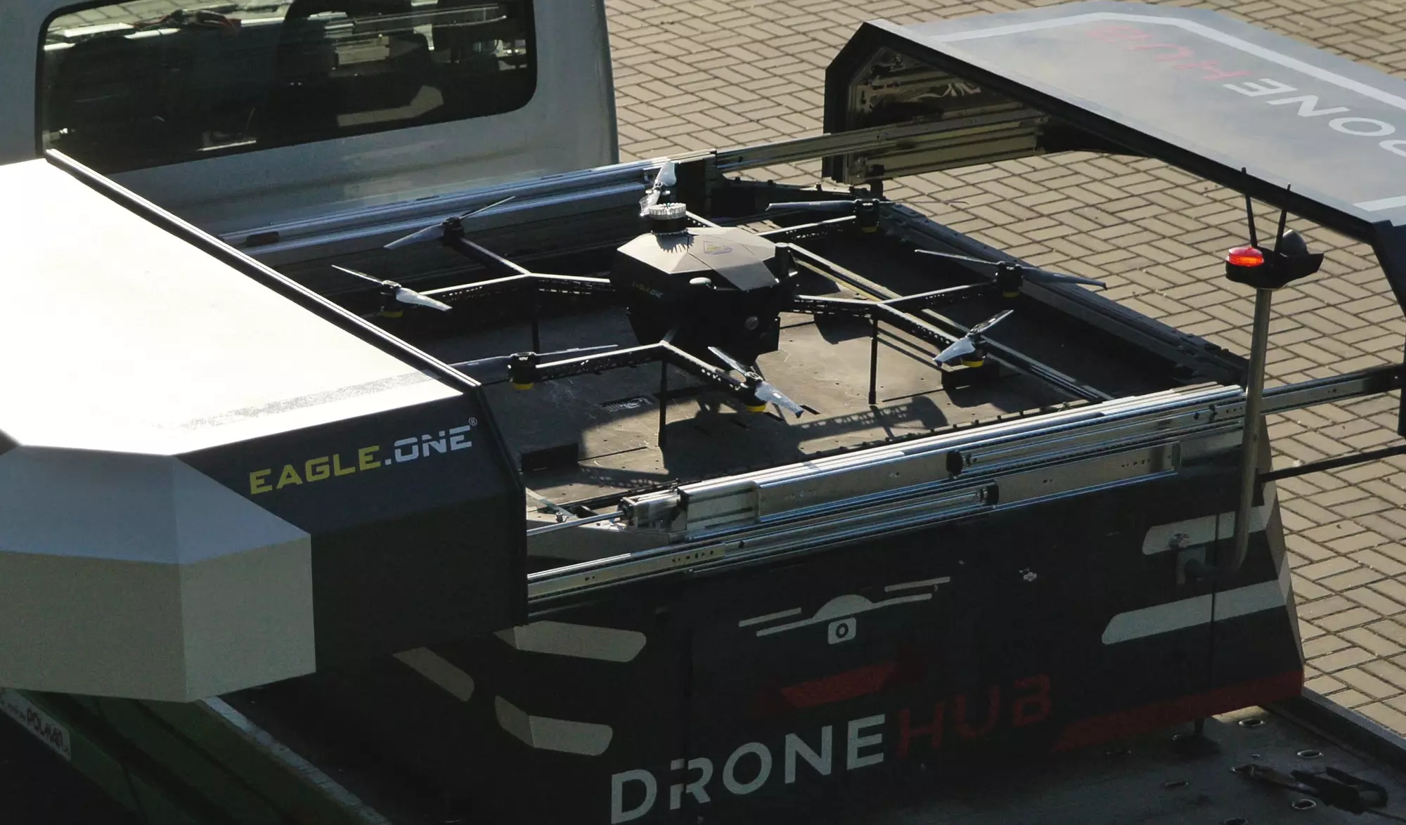 A drone hunter's base where it is being charged to be ready for next mission